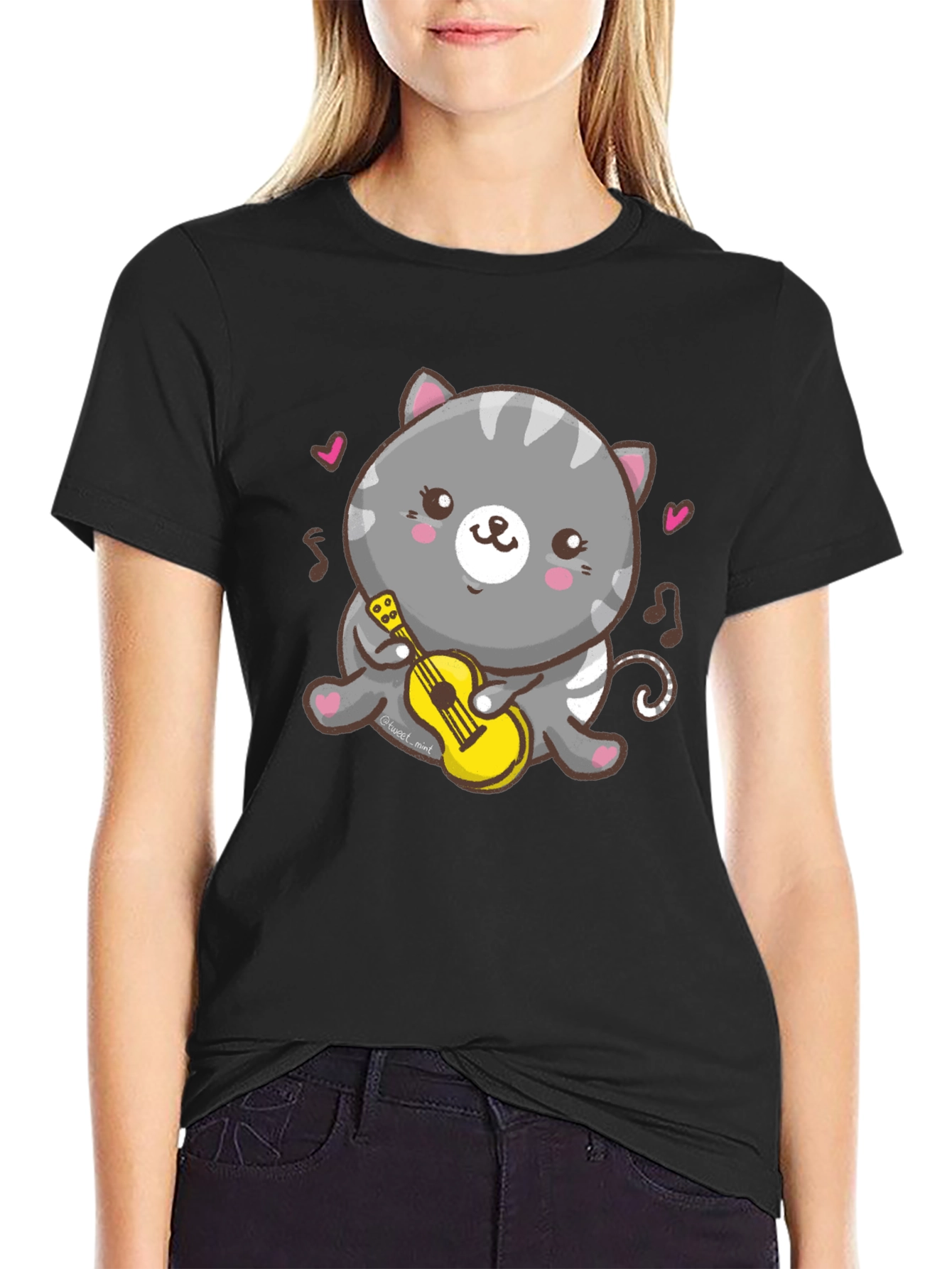 Cute Cat Ukulele T-Shirt - Black Cotton Tee