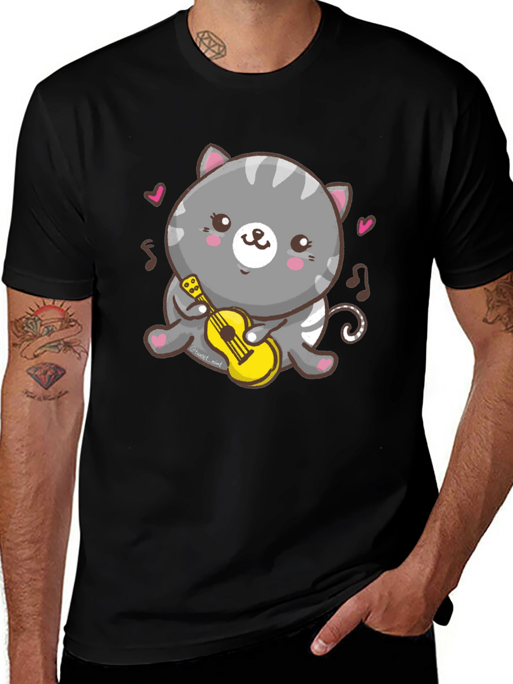 Cute Cat Ukulele T-Shirt - Black Cotton Tee