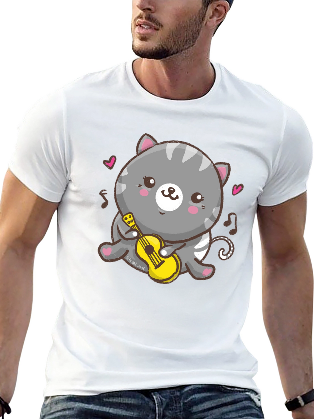 Cute Cat Ukulele T-Shirt - Black Cotton Tee
