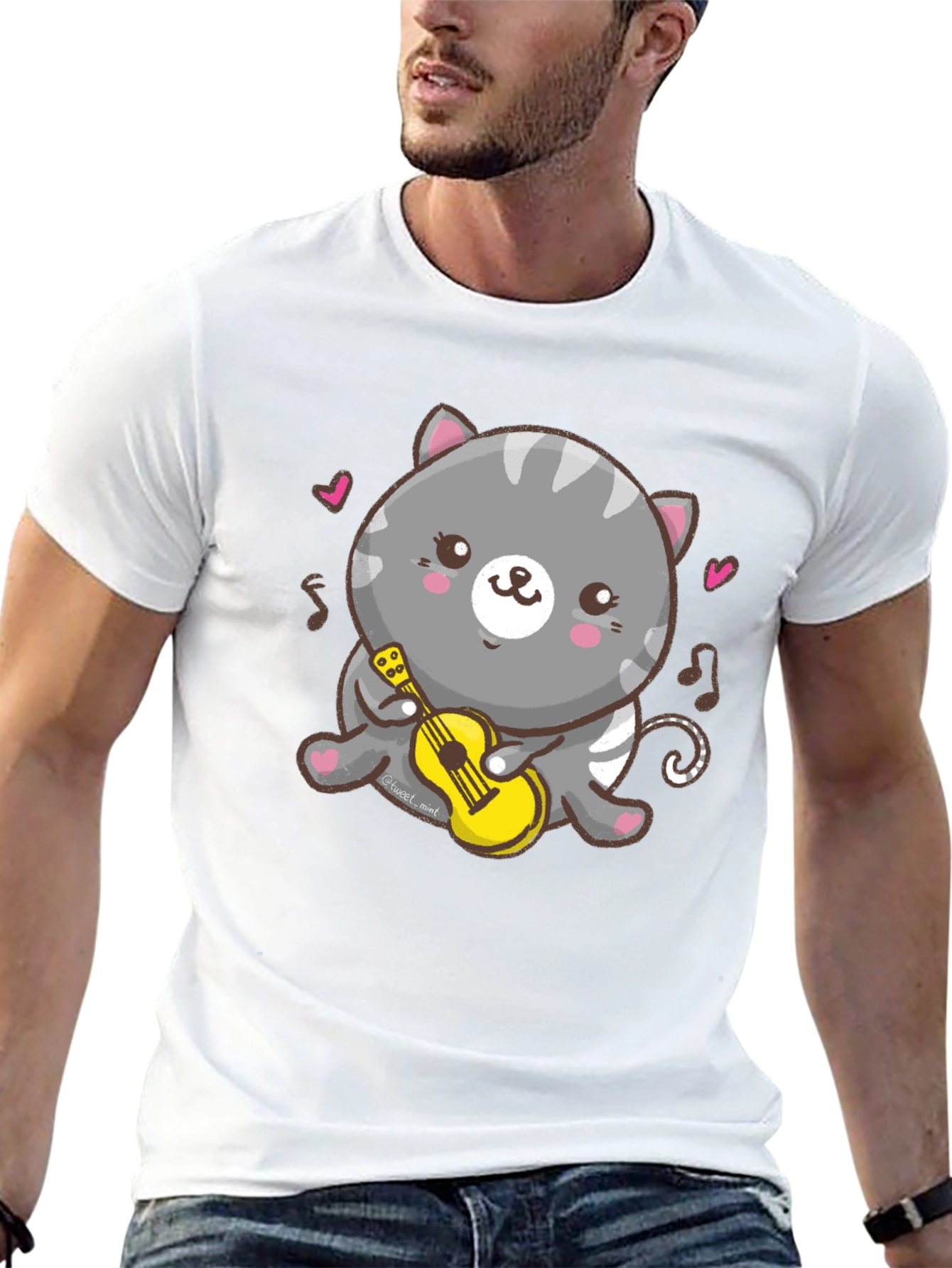 Cute Cat Ukulele T-Shirt - Black Cotton Tee