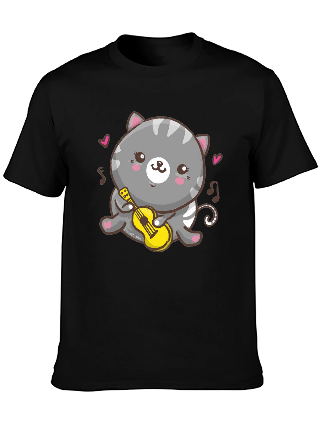 Cute Cat Ukulele T-Shirt - Black Cotton Tee