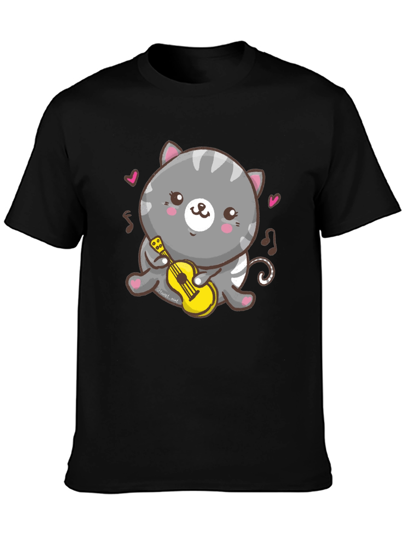 Cute Cat Ukulele T-Shirt - Black Cotton Tee