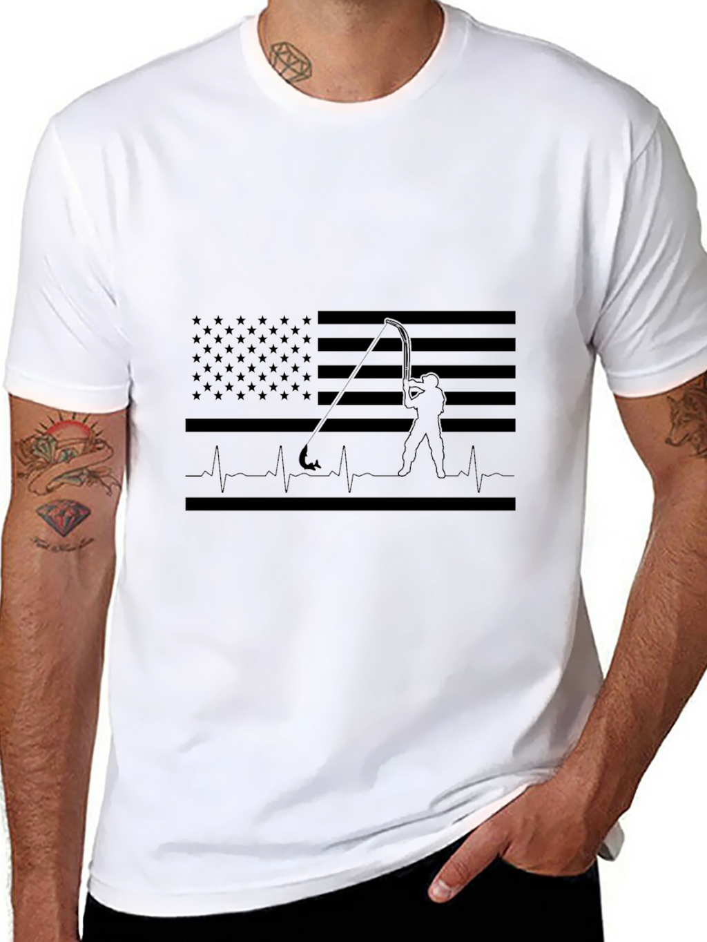Fishing Flag Heartbeat T-Shirt - Black Cotton Tee