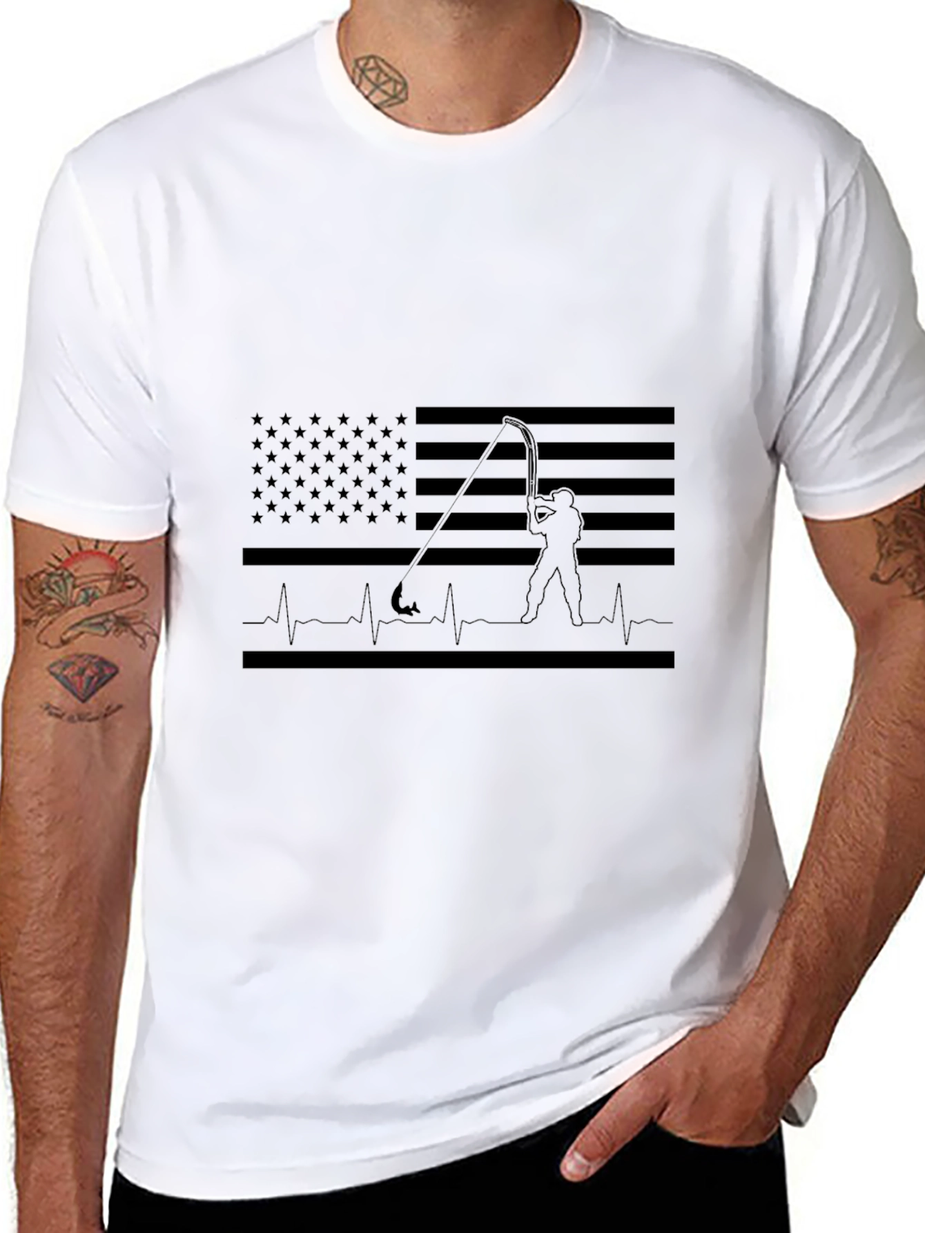 Fishing Flag Heartbeat T-Shirt - Black Cotton Tee