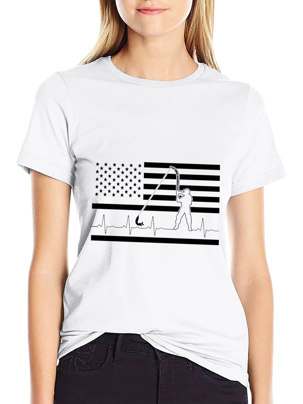 Fishing Flag Heartbeat T-Shirt - Black Cotton Tee