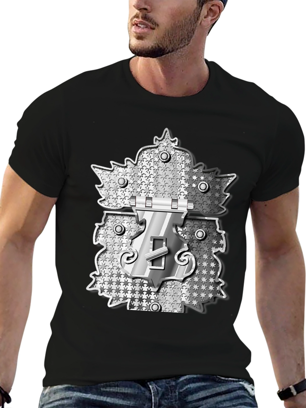 Novelty Black T-Shirt with Silver Lock Design