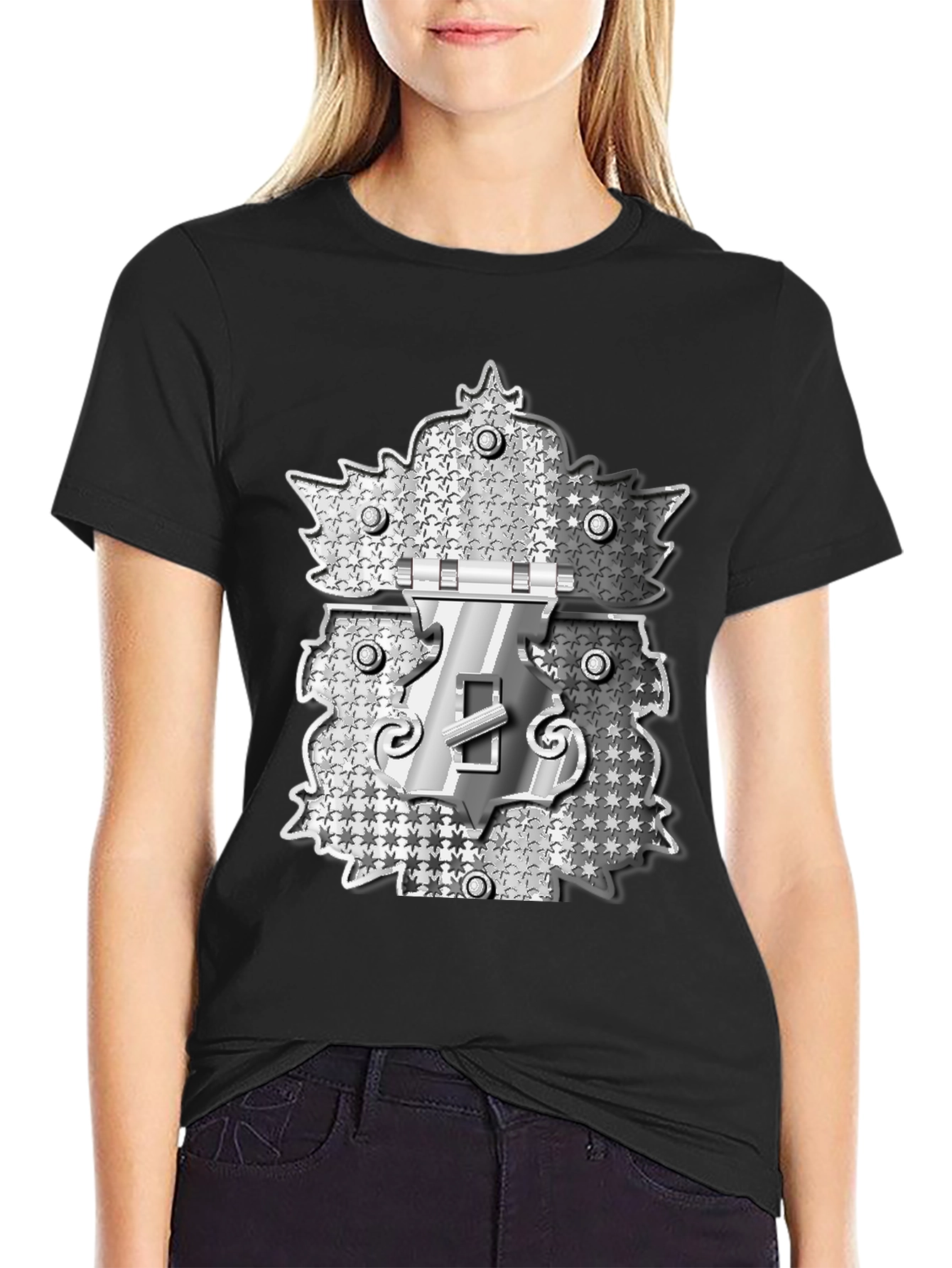 Novelty Black T-Shirt with Silver Lock Design