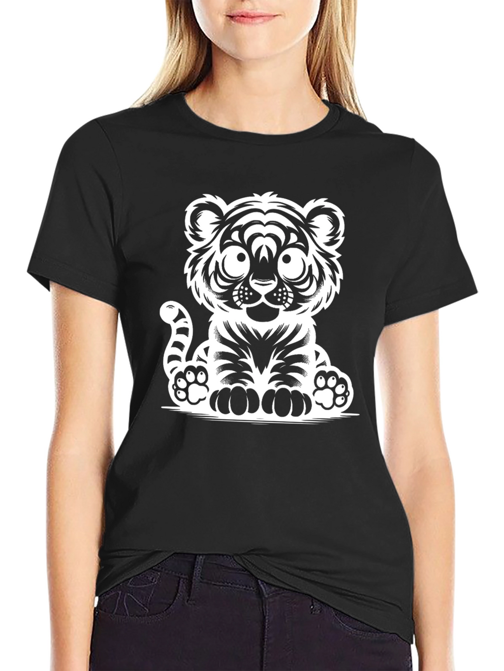 Cute Cartoon Tiger Graphic Tee - Black Cotton T-Shirt