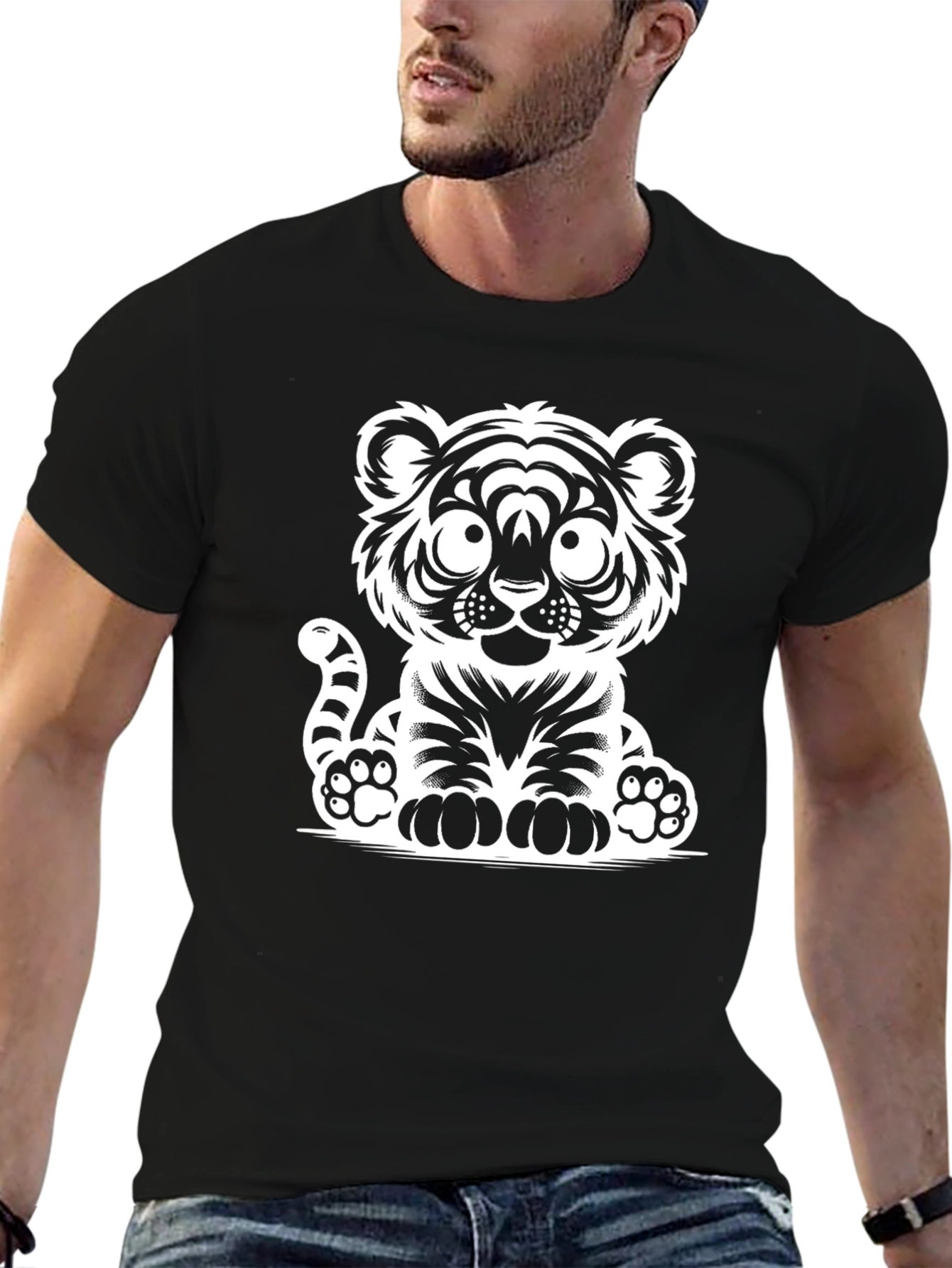 Cute Cartoon Tiger Graphic Tee - Black Cotton T-Shirt