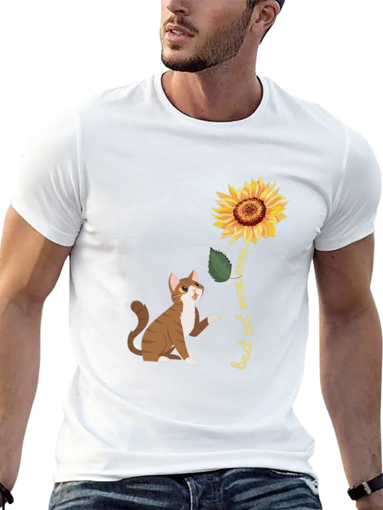 Best Cat Mom Ever Sunflower Graphic T-Shirt