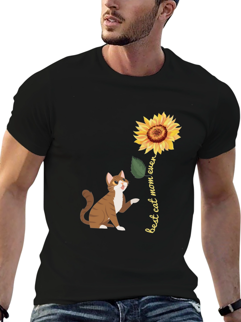 Best Cat Mom Ever Sunflower Graphic T-Shirt