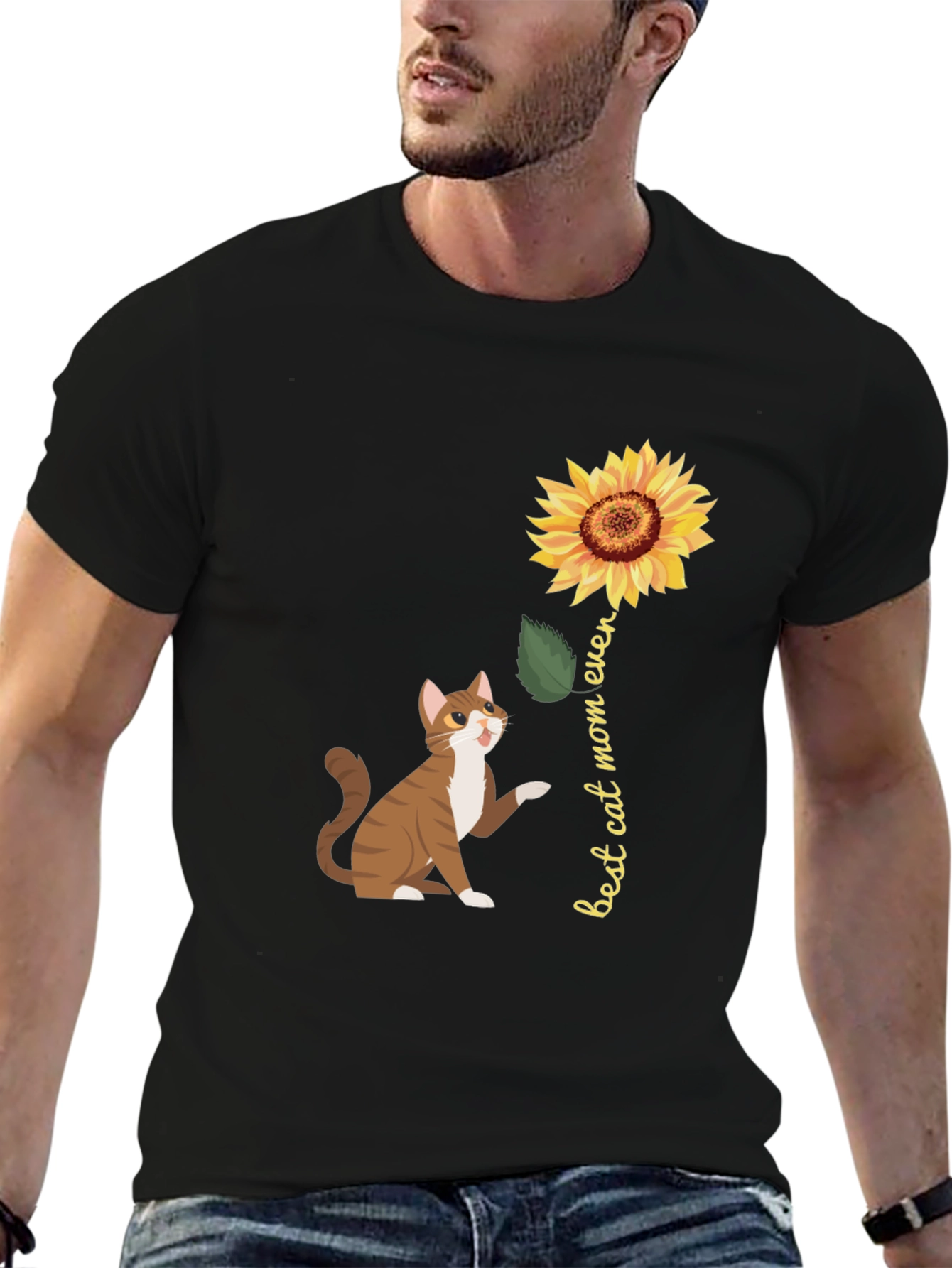 Best Cat Mom Ever Sunflower Graphic T-Shirt