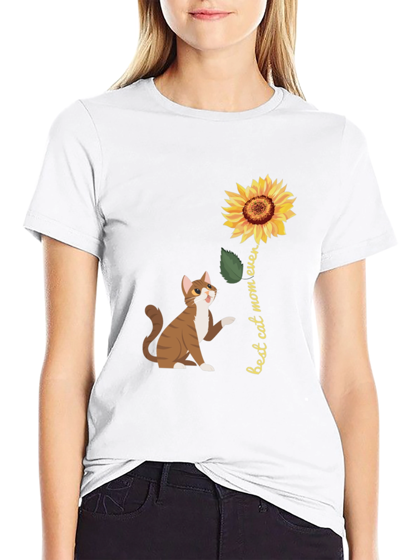 Best Cat Mom Ever Sunflower Graphic T-Shirt