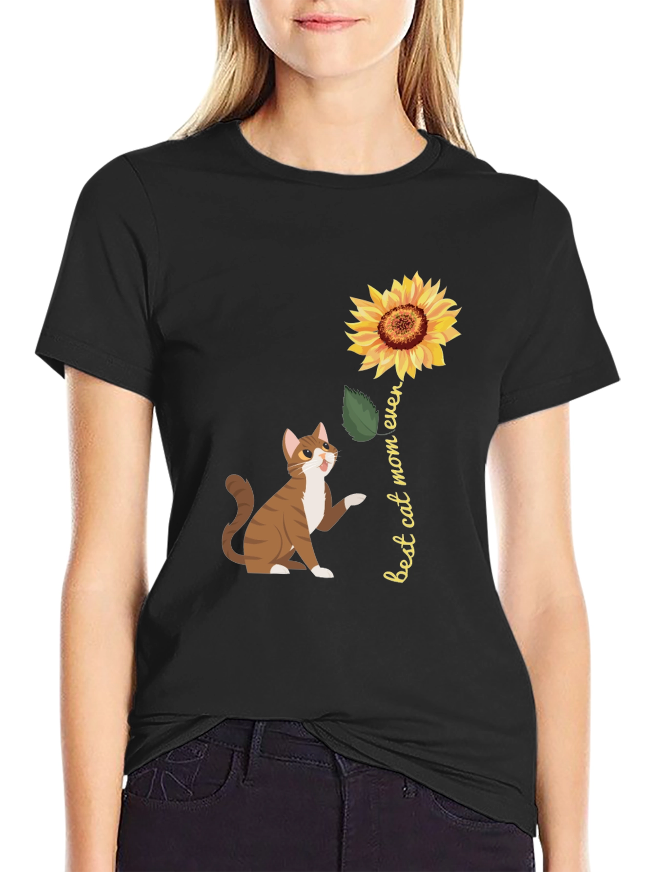 Best Cat Mom Ever Sunflower Graphic T-Shirt