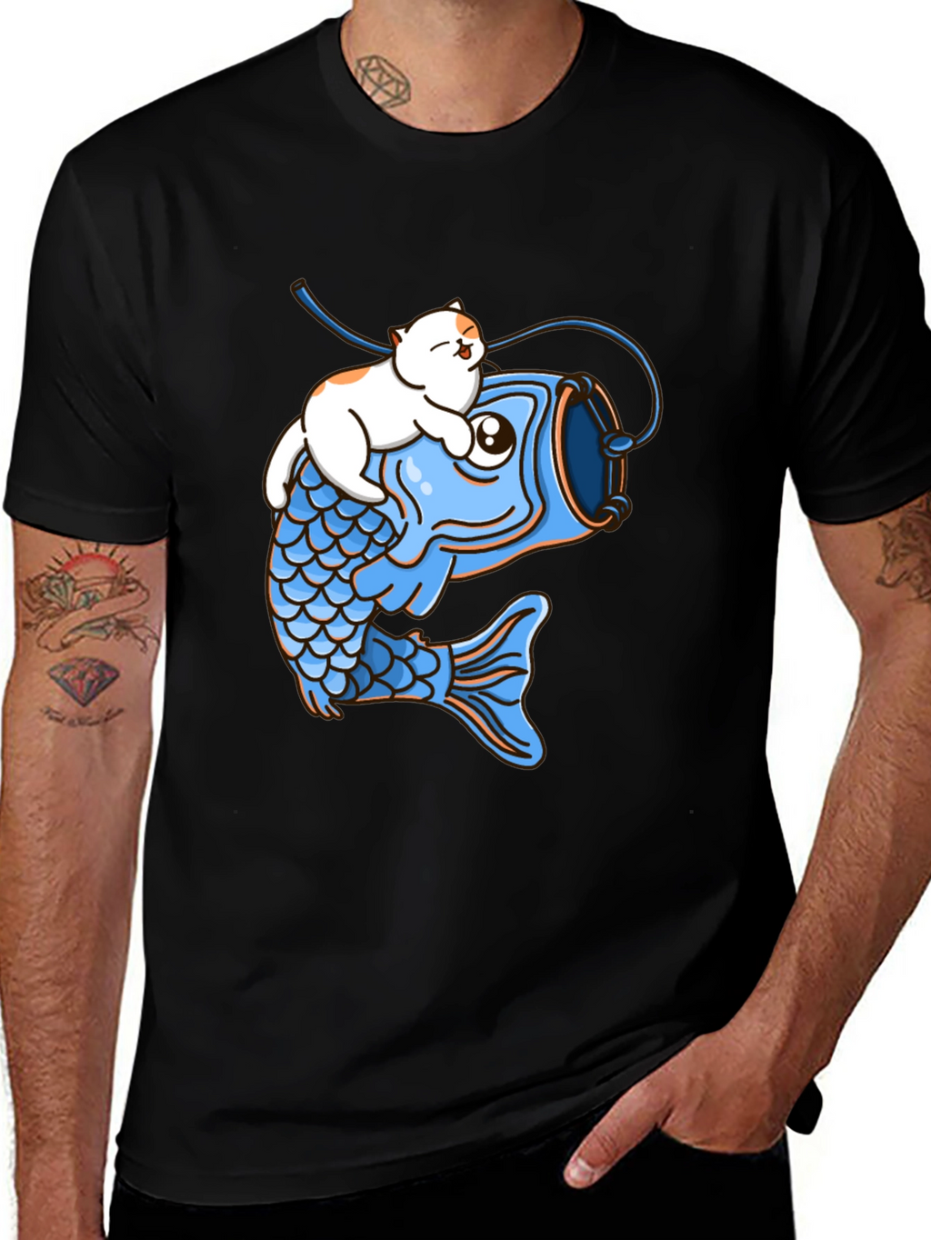 Cat Riding Fish Graphic T-Shirt