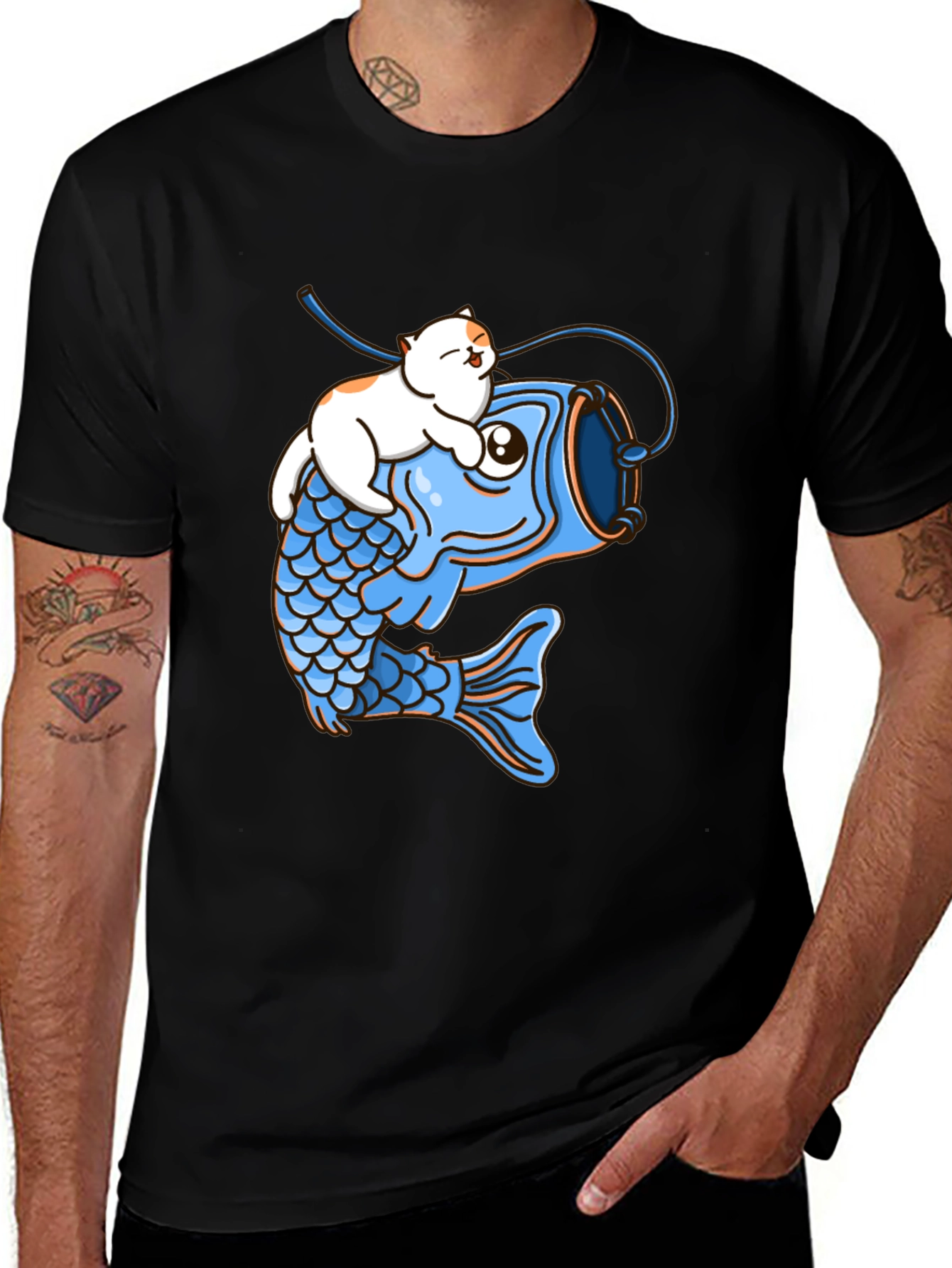 Cat Riding Fish Graphic T-Shirt