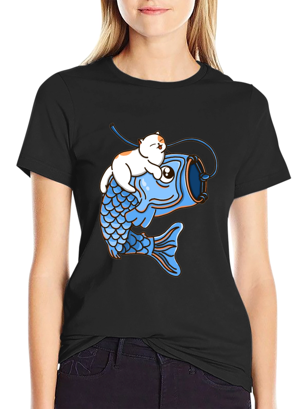 Cat Riding Fish Graphic T-Shirt