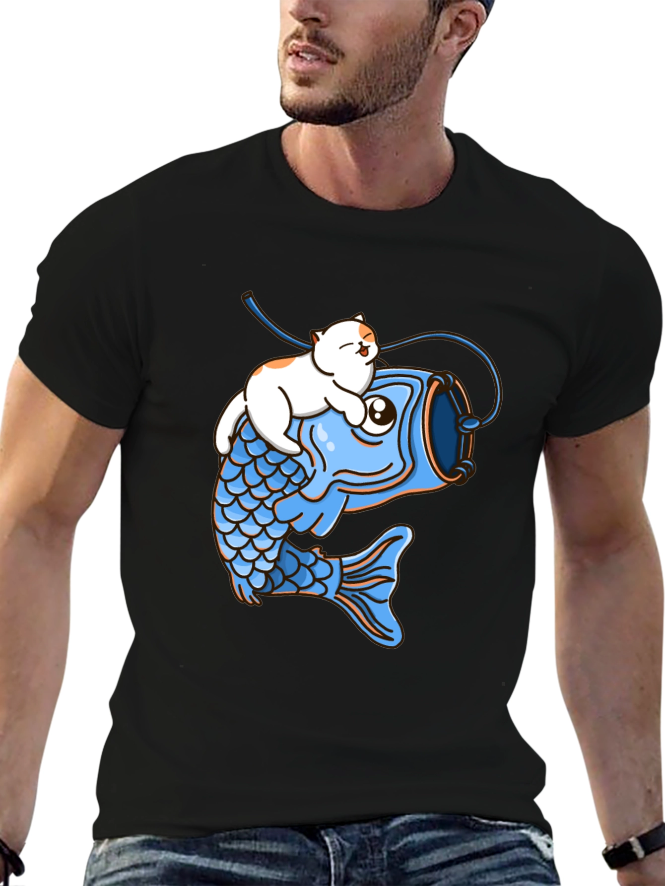 Cat Riding Fish Graphic T-Shirt