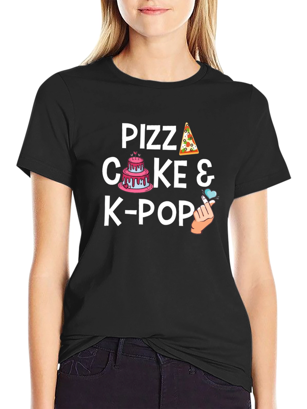 Pizza Cake & K-Pop Black Graphic T-Shirt