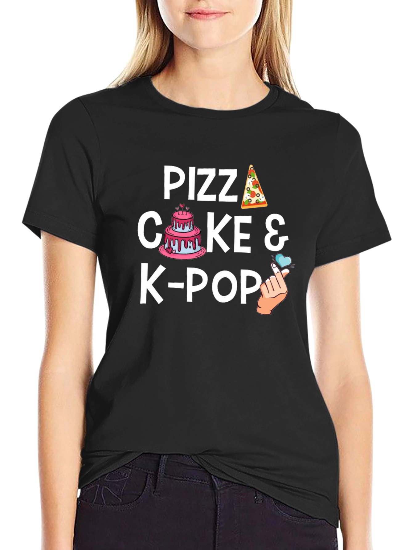 Pizza Cake & K-Pop Black Graphic T-Shirt