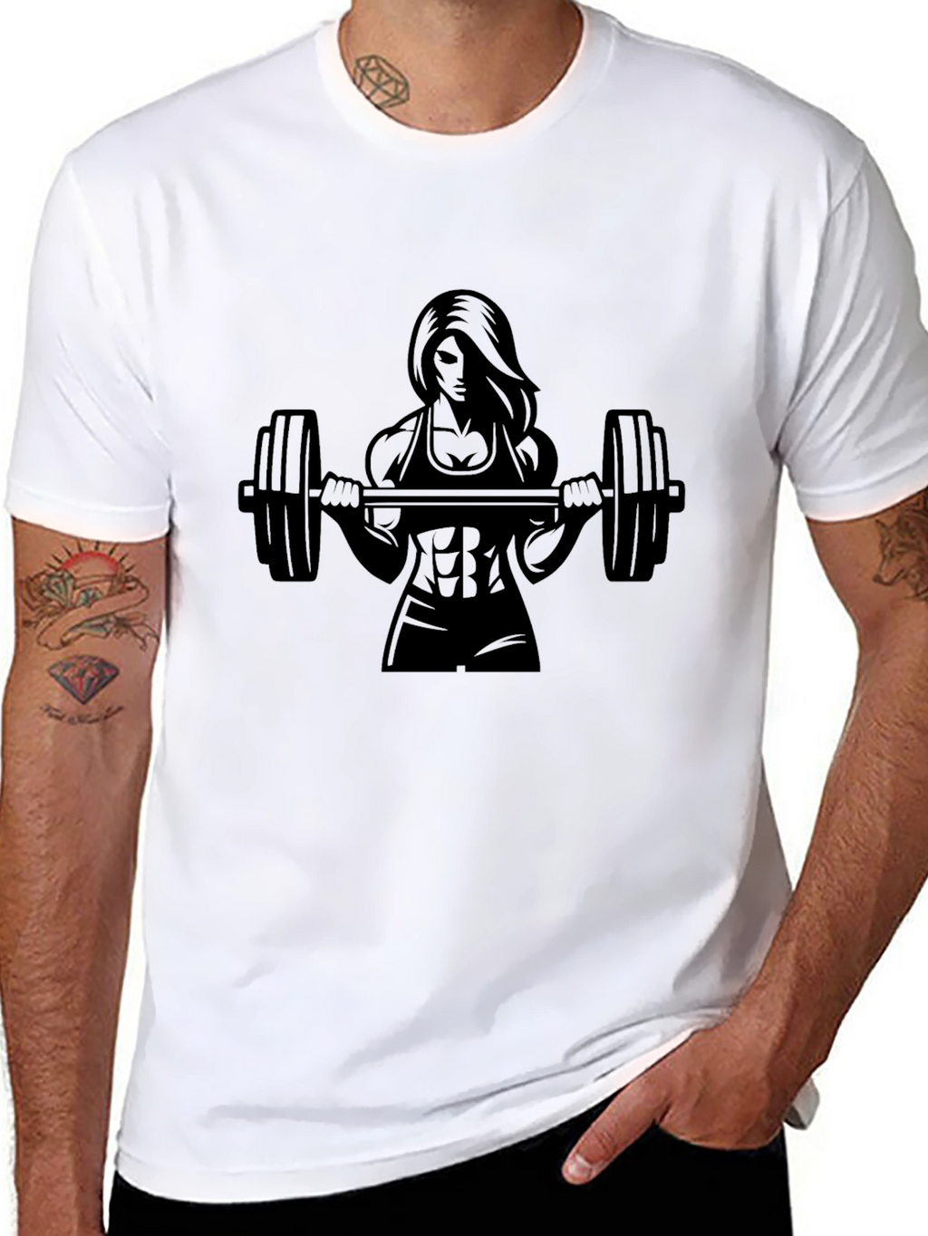 Fitness Woman Barbell Black Graphic Tee