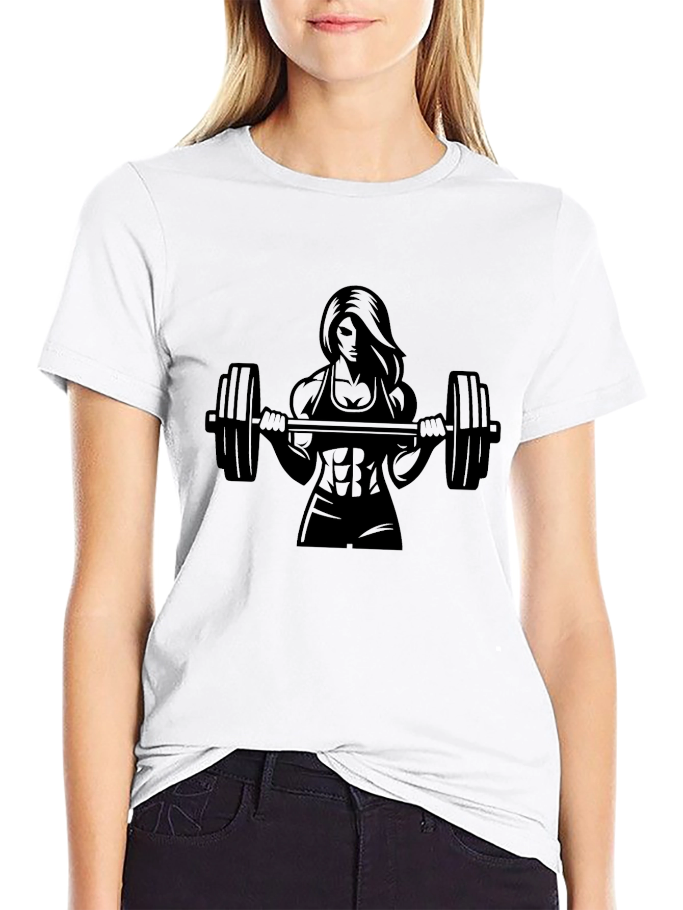 Fitness Woman Barbell Black Graphic Tee