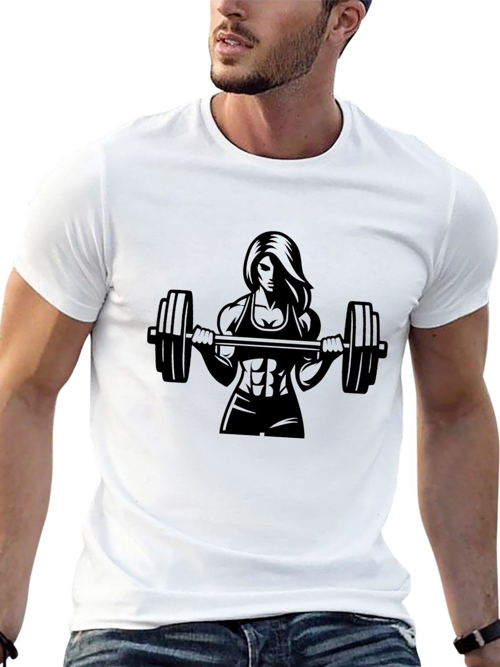 Fitness Woman Barbell Black Graphic Tee