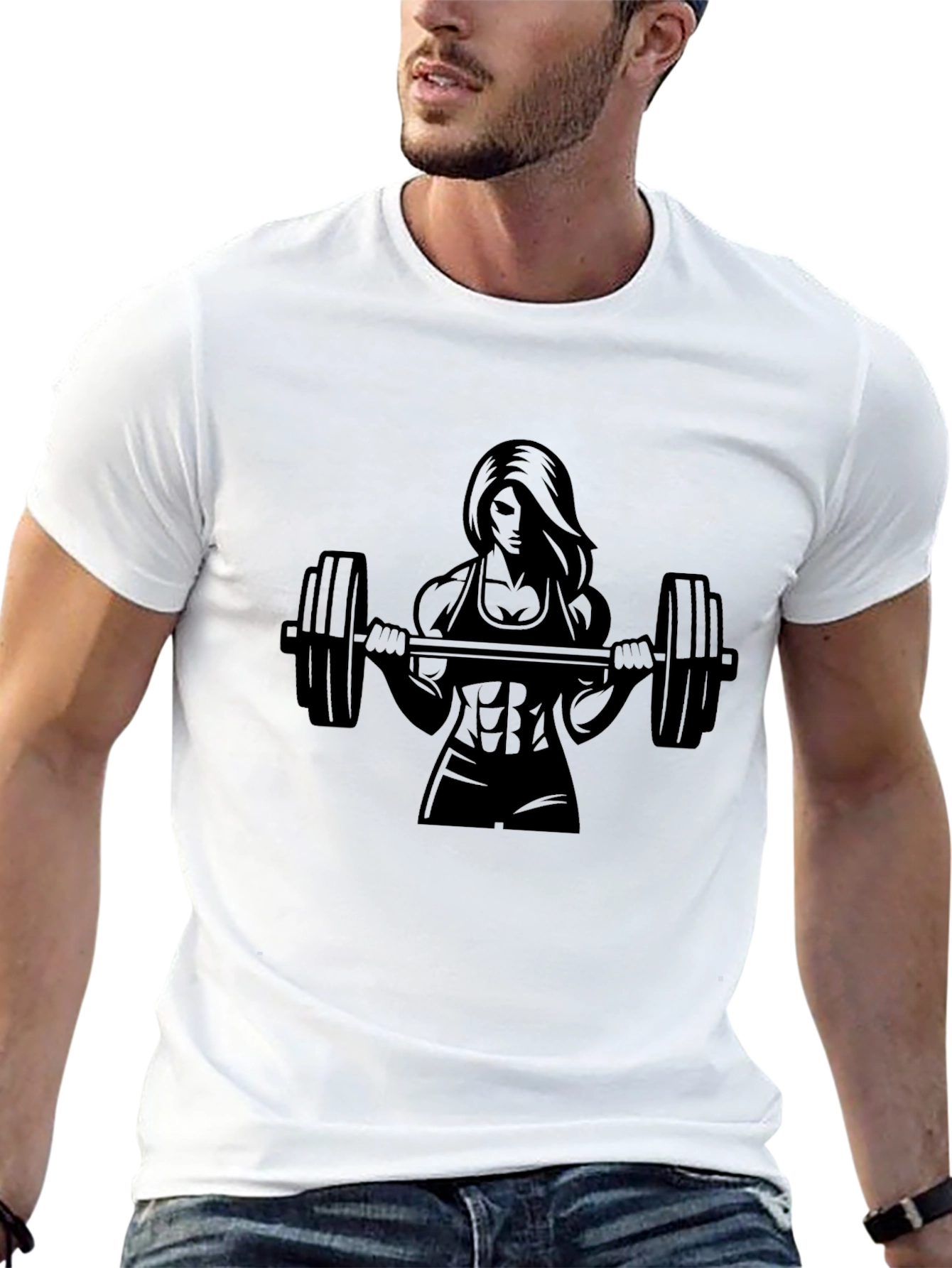 Fitness Woman Barbell Black Graphic Tee