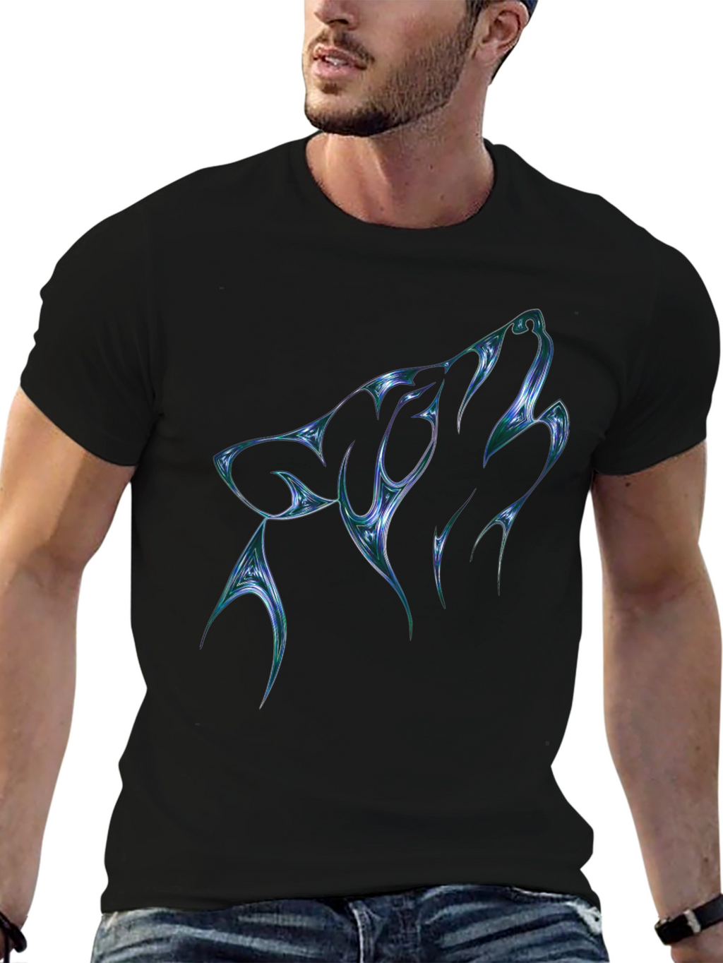 Mens Black T-Shirt with Abstract Wolf Graphic