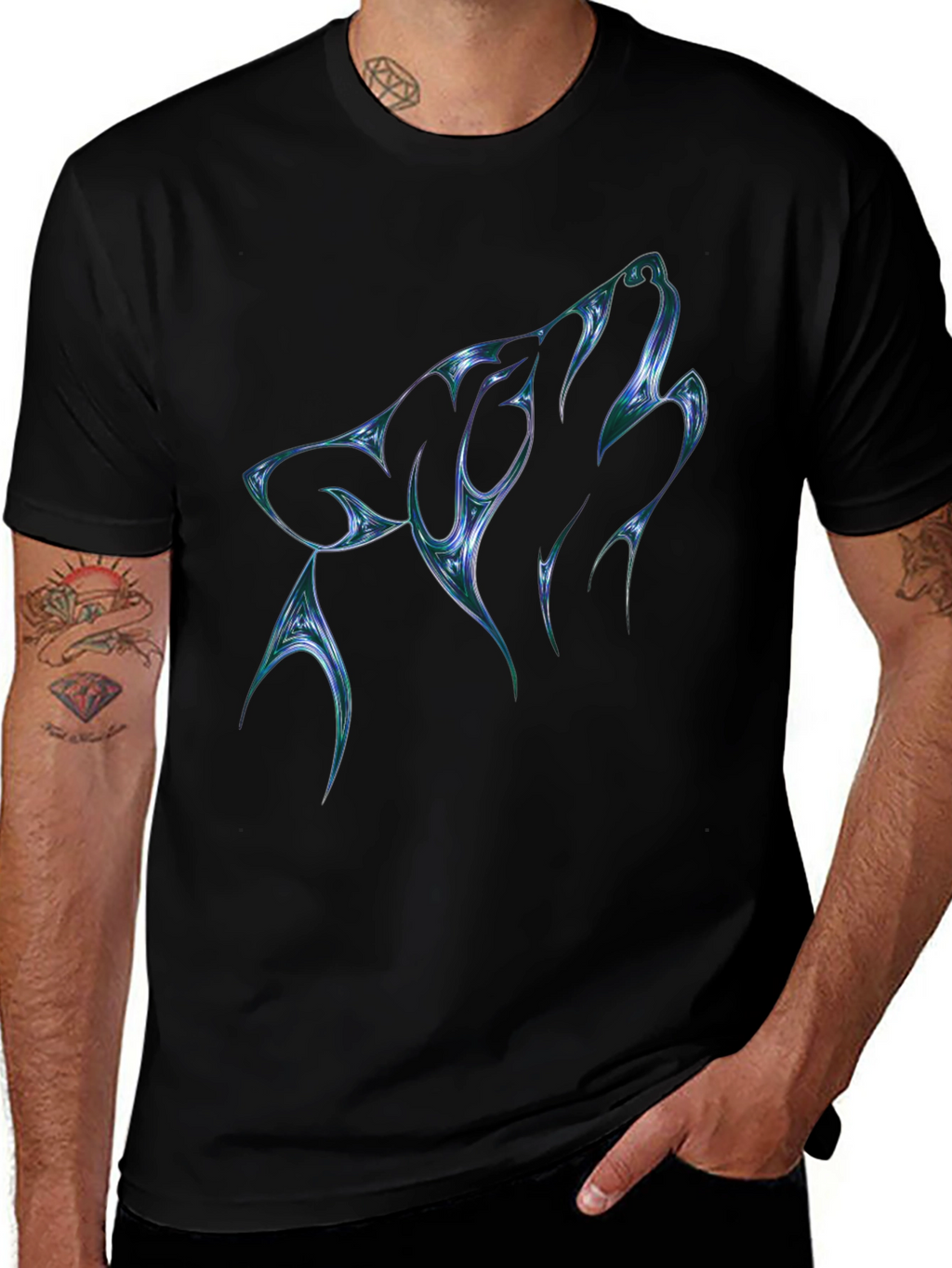 Mens Black T-Shirt with Abstract Wolf Graphic