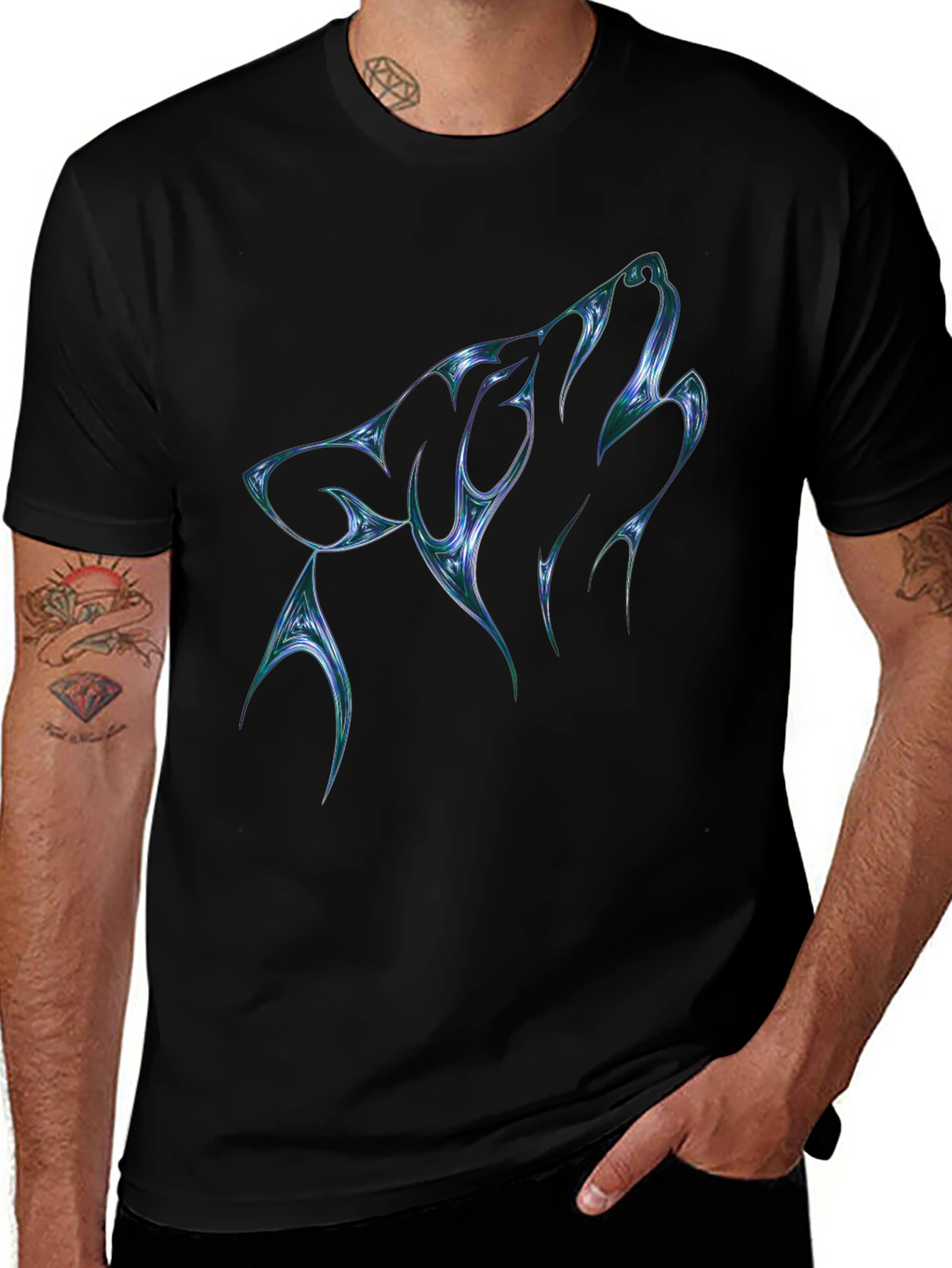 Mens Black T-Shirt with Abstract Wolf Graphic