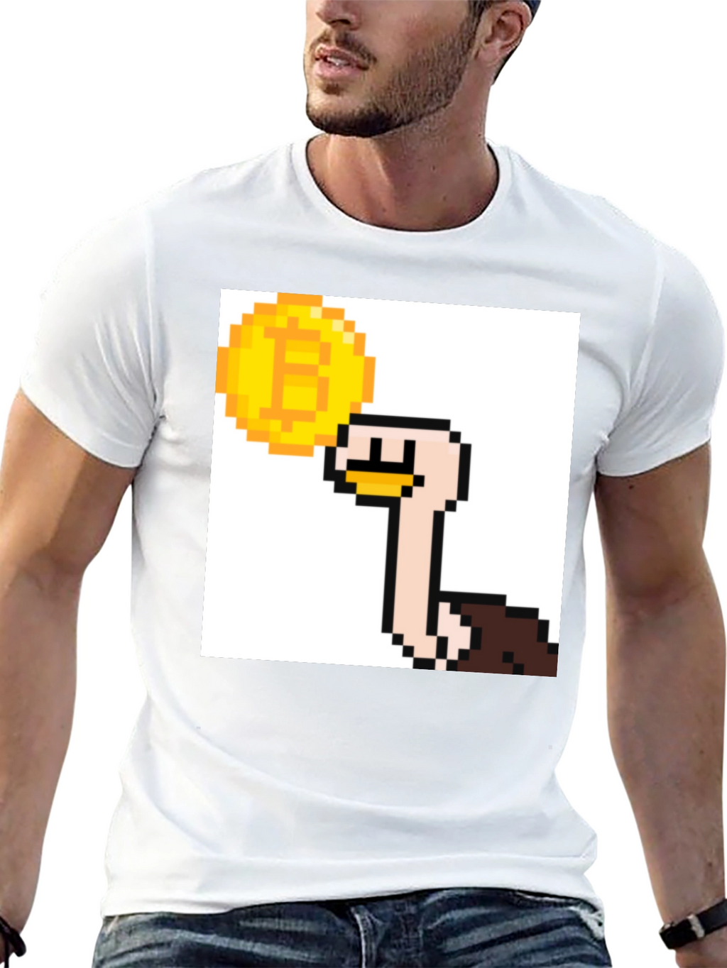 Bitcoin Ostrich Pixel Art Black T-Shirt