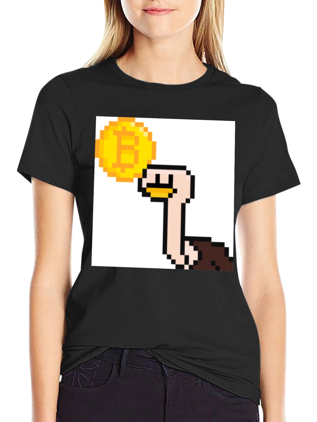 Bitcoin Ostrich Pixel Art Black T-Shirt