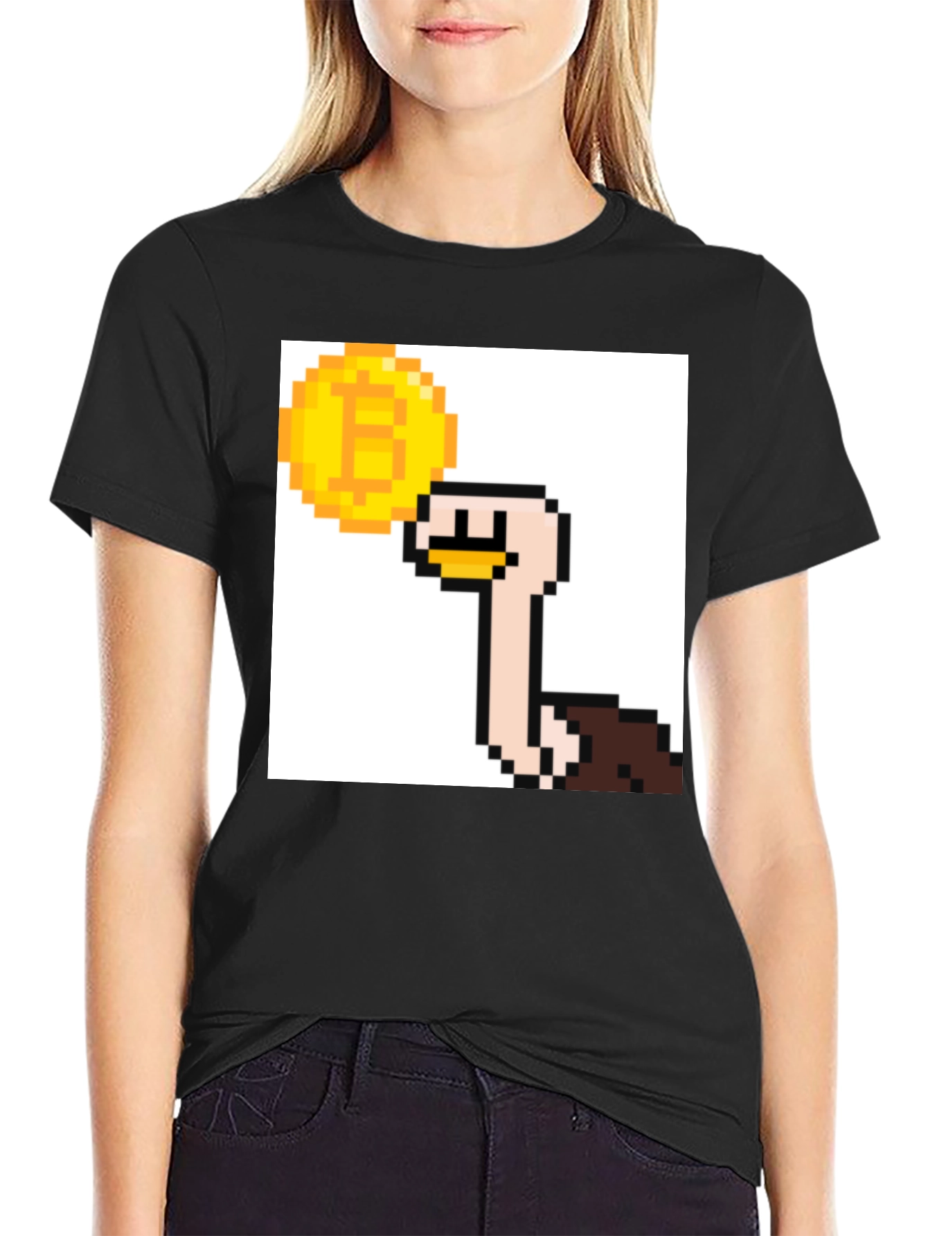 Bitcoin Ostrich Pixel Art Black T-Shirt