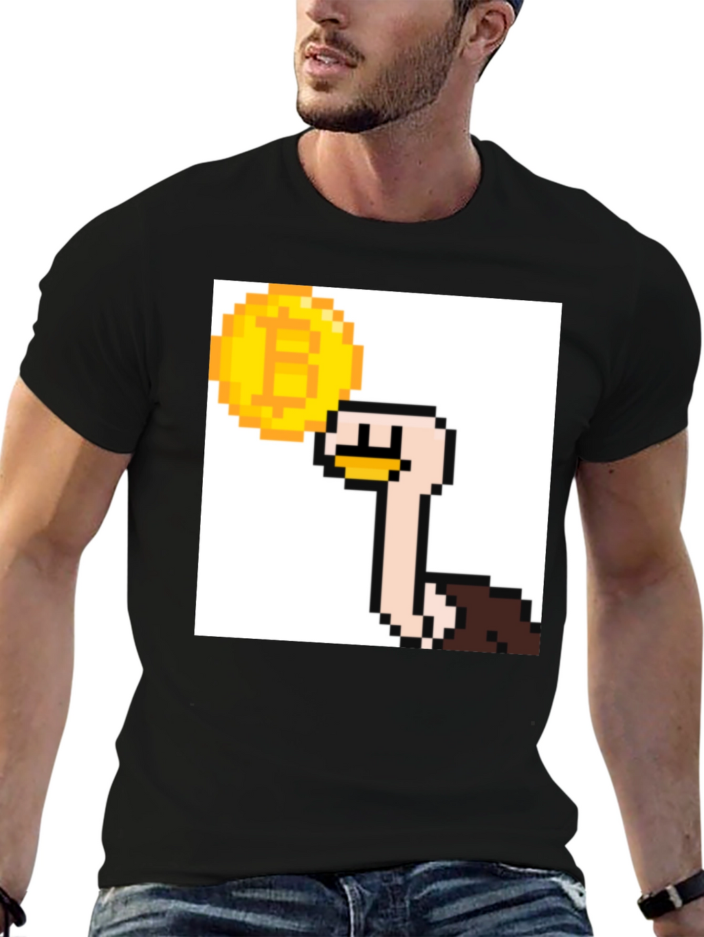 Bitcoin Ostrich Pixel Art Black T-Shirt