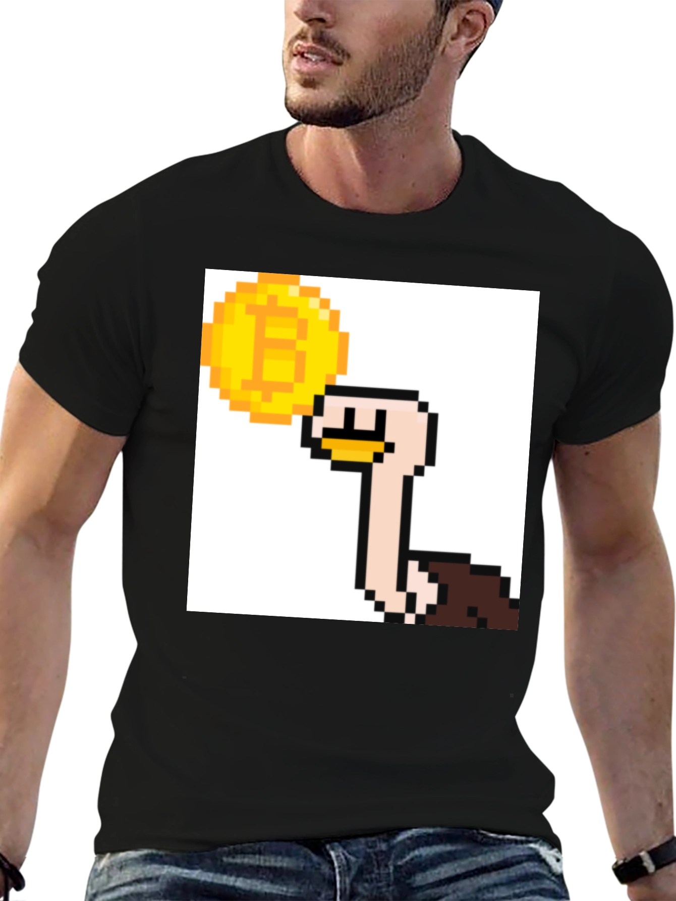 Bitcoin Ostrich Pixel Art Black T-Shirt