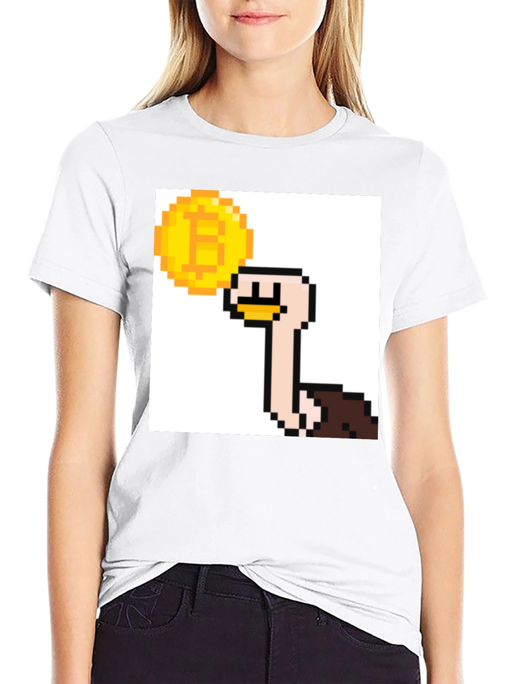 Bitcoin Ostrich Pixel Art Black T-Shirt
