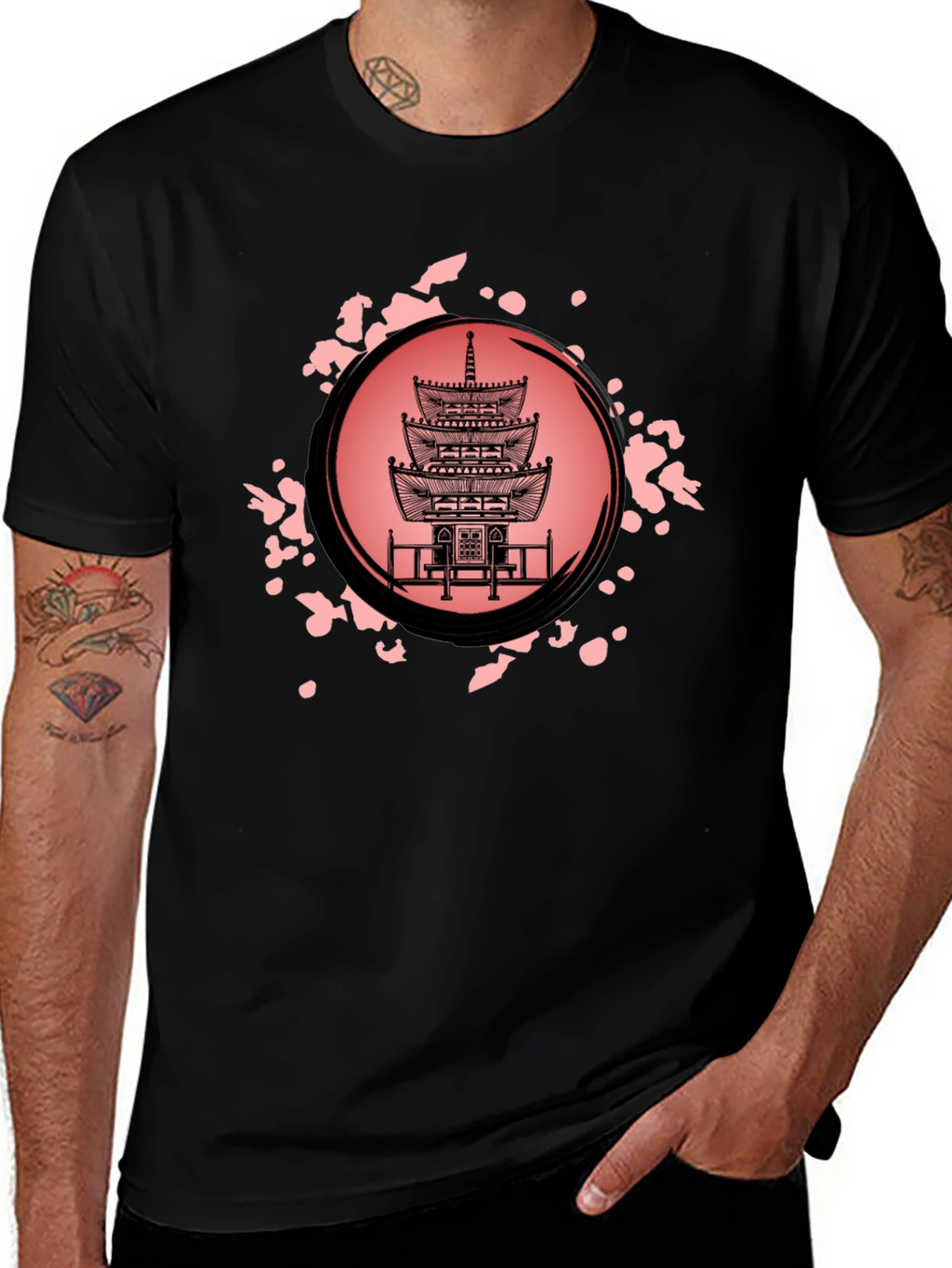 Pagoda Print Black T-Shirt for Men