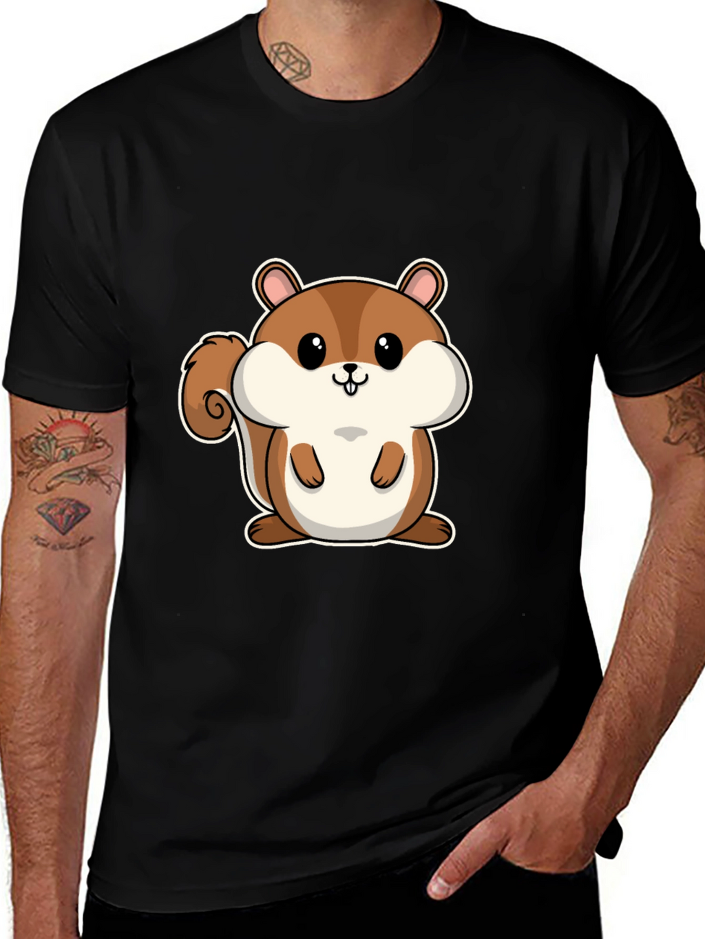 Cute Squirrel Graphic Tee - Black Cotton T-Shirt