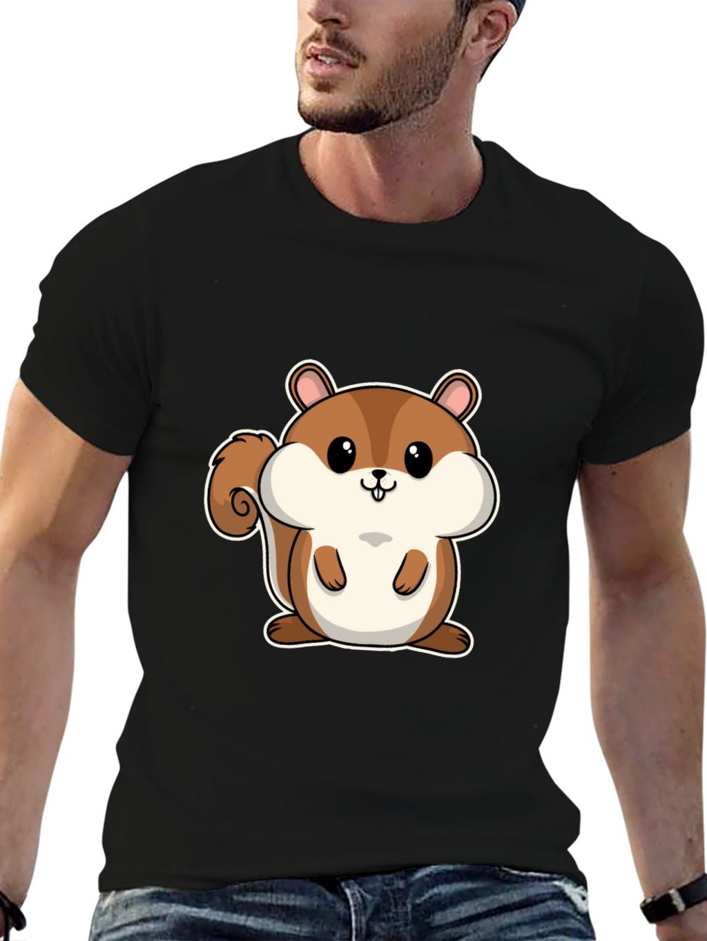 Cute Squirrel Graphic Tee - Black Cotton T-Shirt
