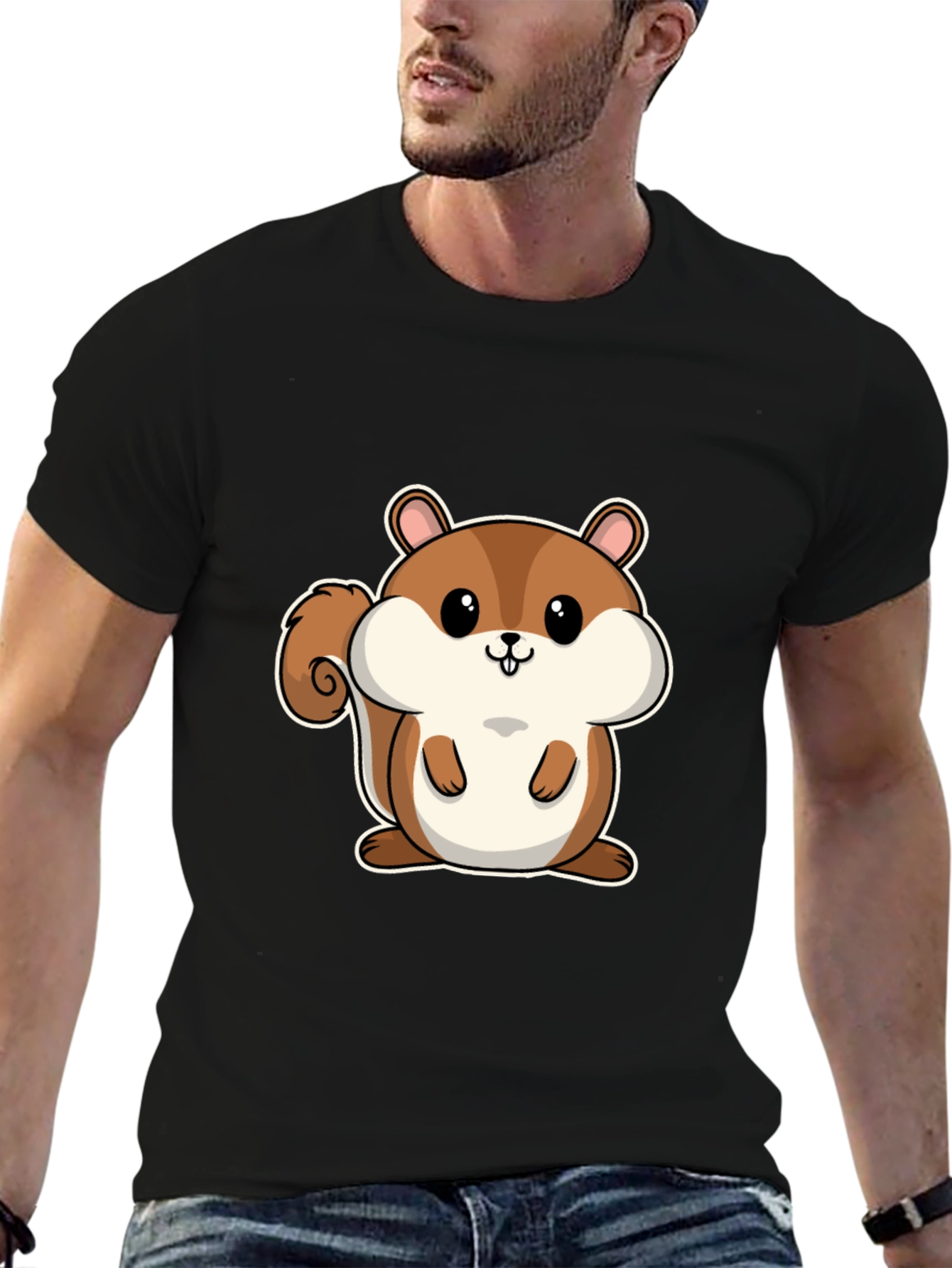 Cute Squirrel Graphic Tee - Black Cotton T-Shirt