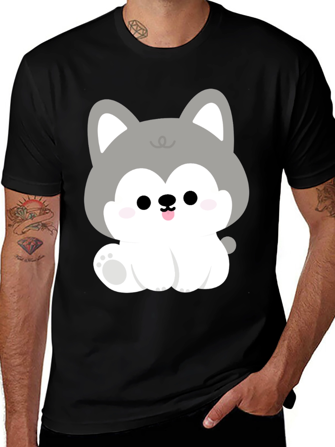 Cute Cartoon Puppy Graphic Black T-Shirt