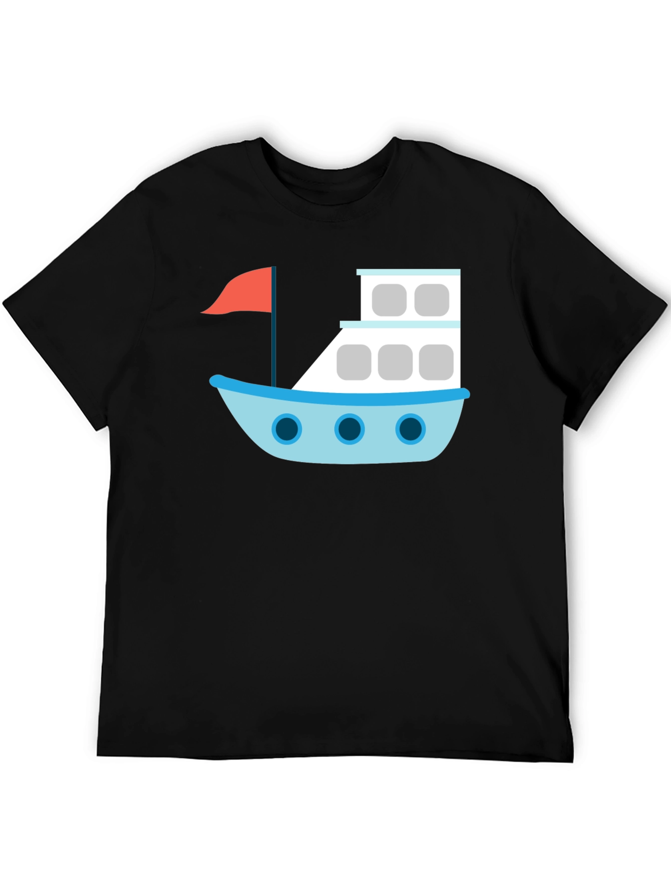Black T-Shirt with Cartoon Boat Design