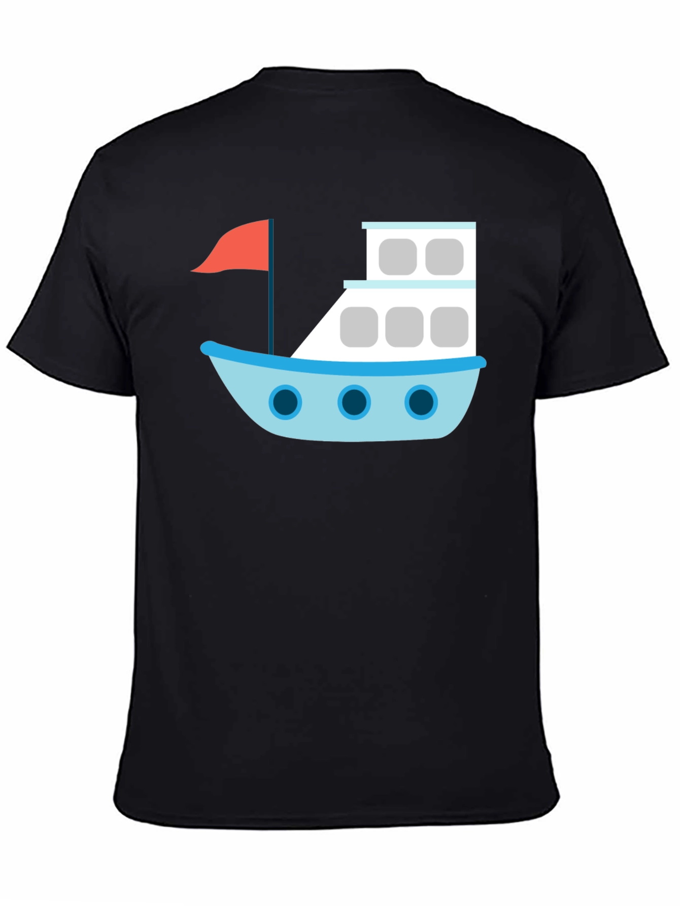 Black T-Shirt with Cartoon Boat Design