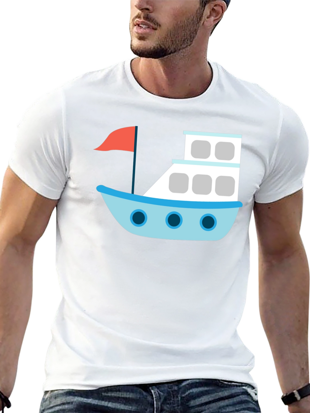 Black T-Shirt with Cartoon Boat Design