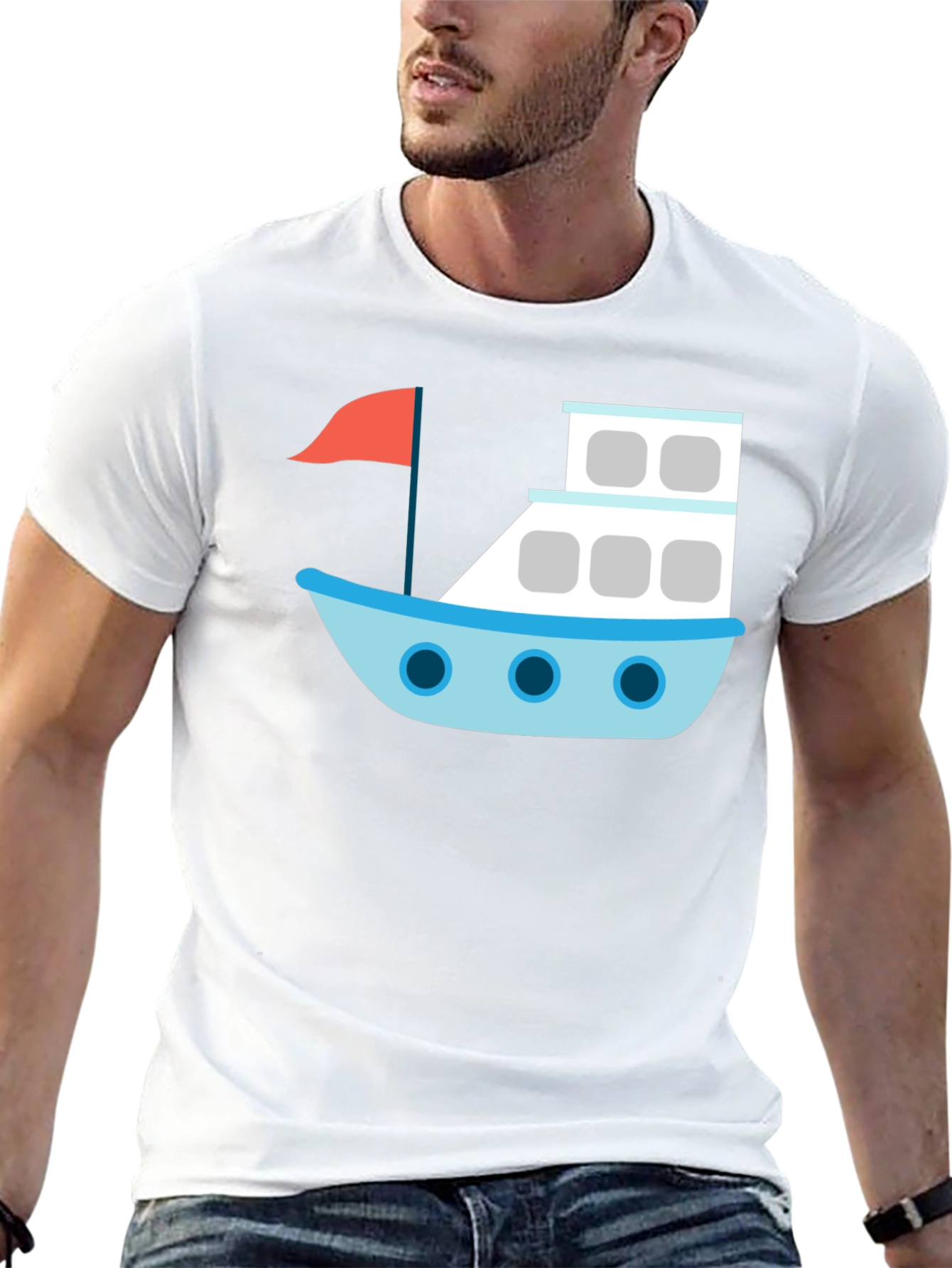 Black T-Shirt with Cartoon Boat Design