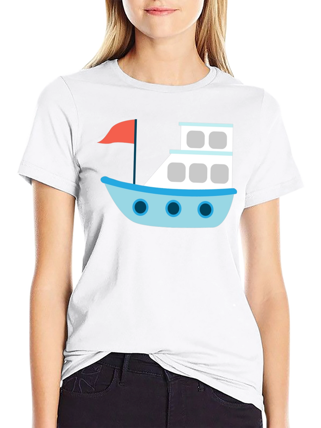Black T-Shirt with Cartoon Boat Design