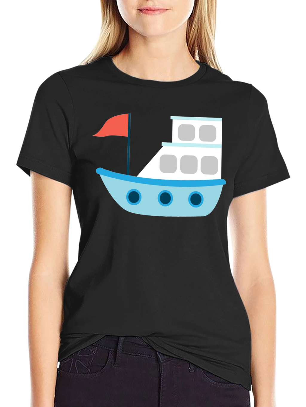 Black T-Shirt with Cartoon Boat Design
