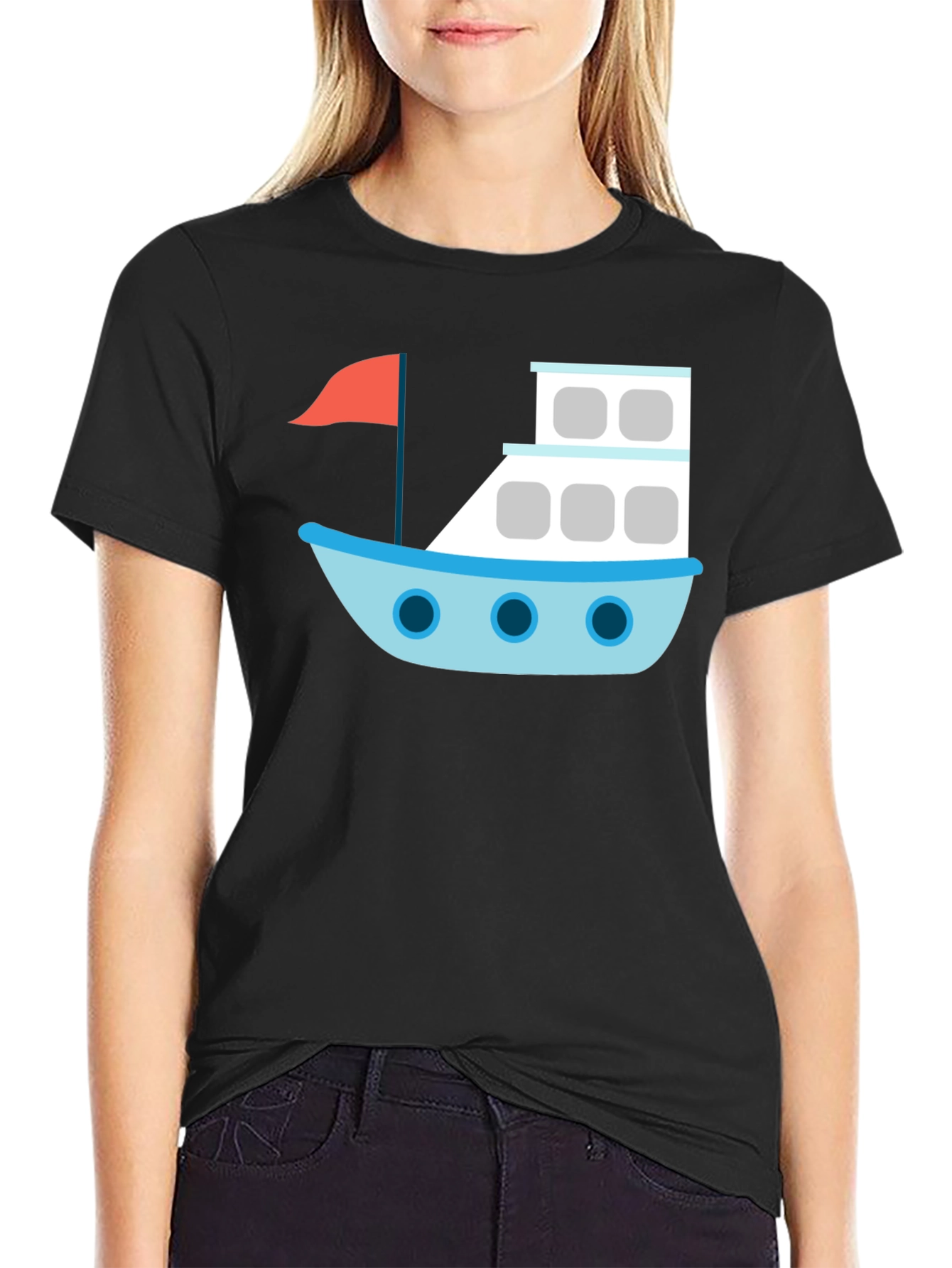 Black T-Shirt with Cartoon Boat Design