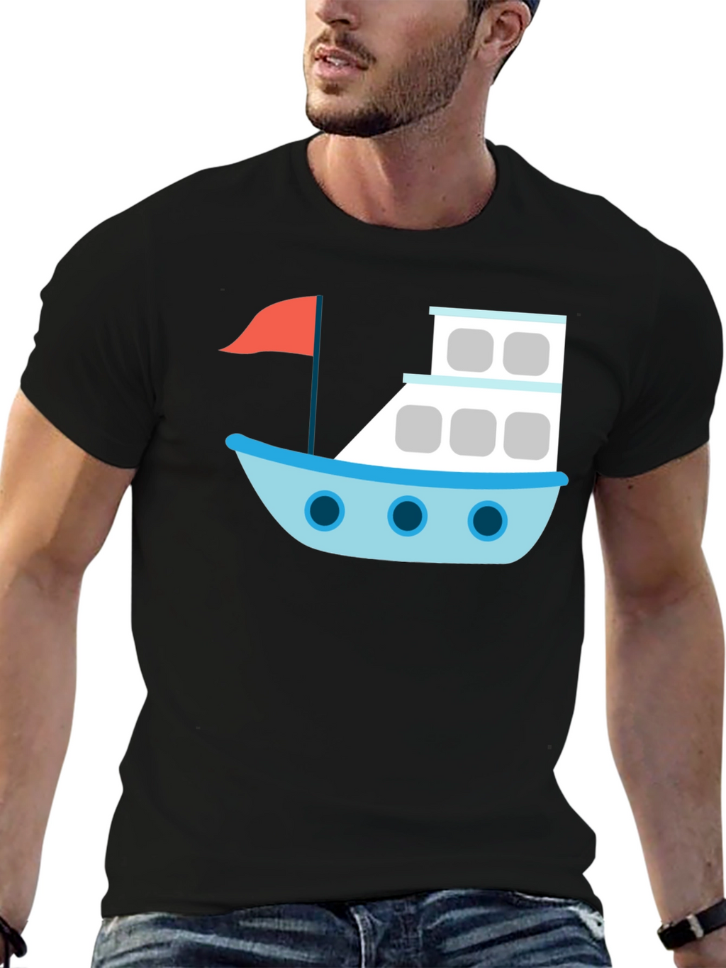 Black T-Shirt with Cartoon Boat Design